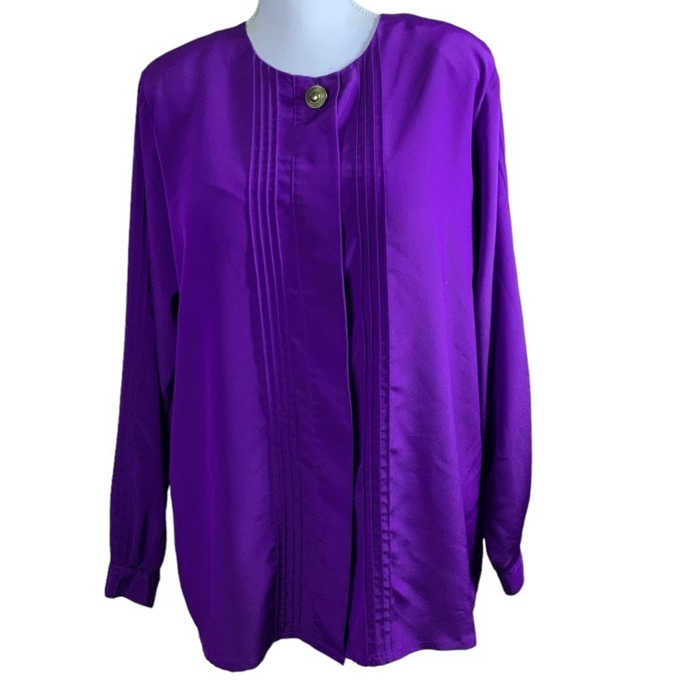 Liz Baker Blouse Dressy Solid Tuck Pleats Button Up Long Sleeve Purple Plus 18W